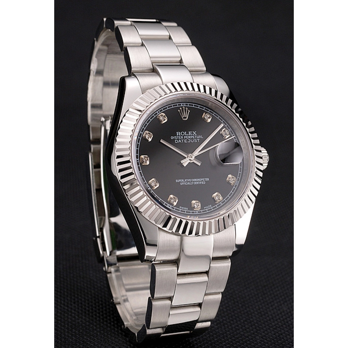 MiroTime 0730 Swiss Rolex Datejust Black Dial Dimond Hour Marks Stainless Steel Case And Bracelet